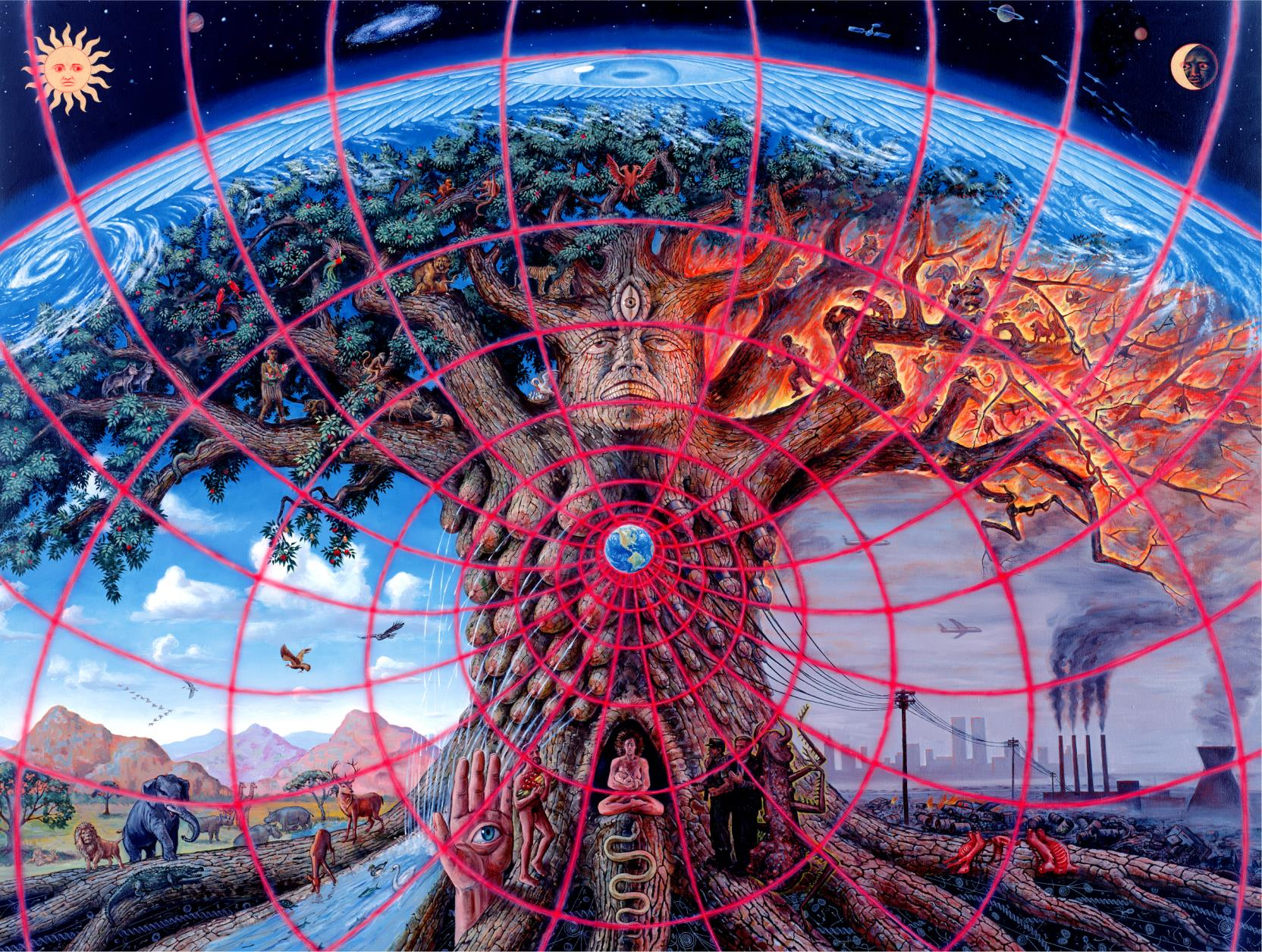 a humanoid tree surveys the earth while various celestial elements look on