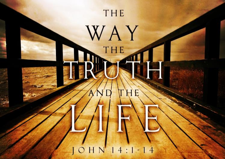 the words 'The Way the Truth and the Life' superimposed on a jetty leading out to sea